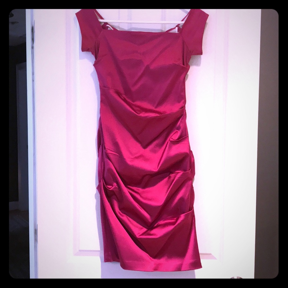 Hot pink off the shoulder satin dress SIZE 4